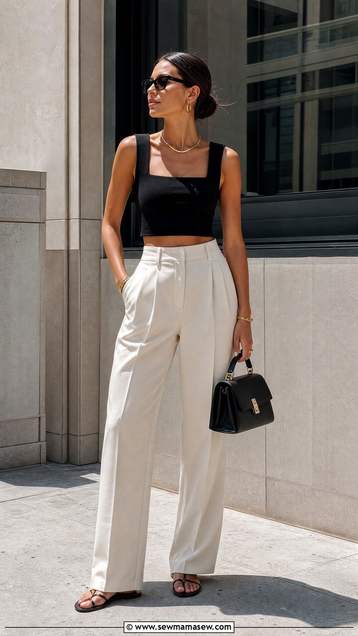 Cropped Tank Top With High Waisted Trousers - 20 cropped tank top summer outfit ideas