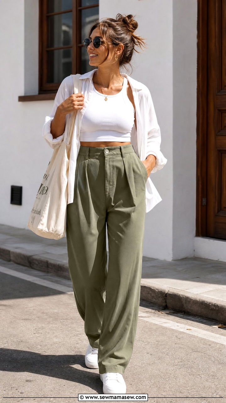 Cropped Tank Top With High Waisted Trousers - 20 crop top with high waisted trousers outfit ideas