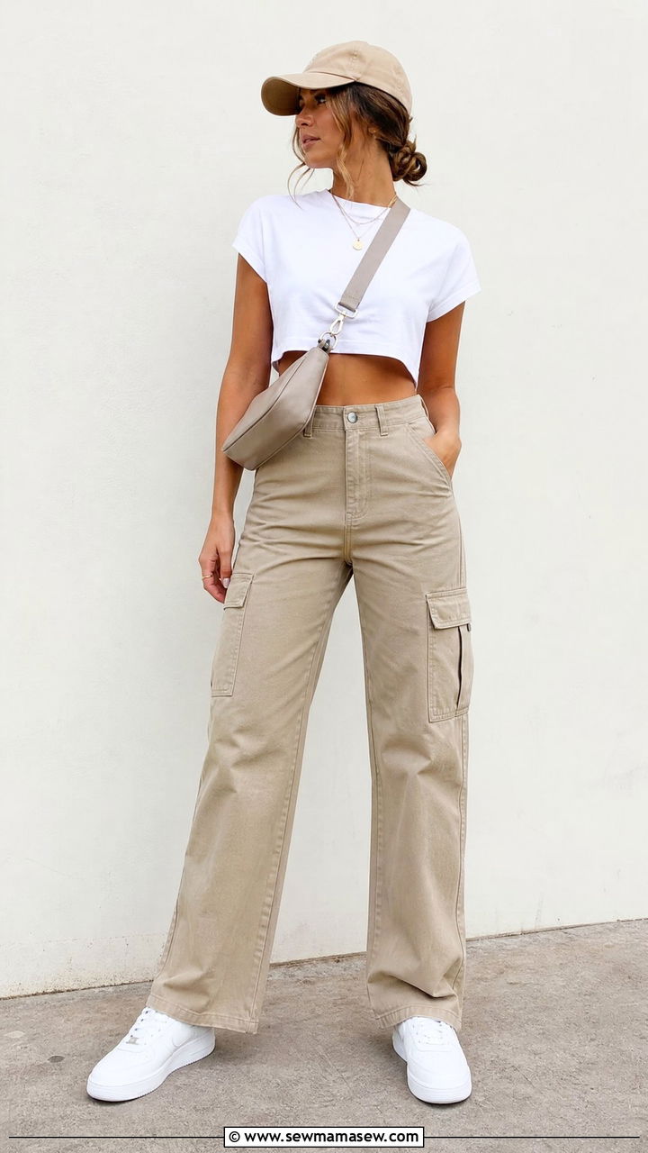 Cropped Tee With High Waisted Cargo Pants - 20 crop top outfits for apple shape