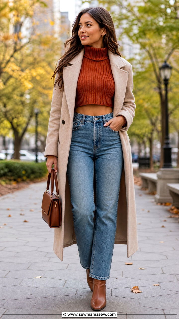 Cropped Turtleneck With Straight Leg Jeans - 20 cozy crop top outfits fall