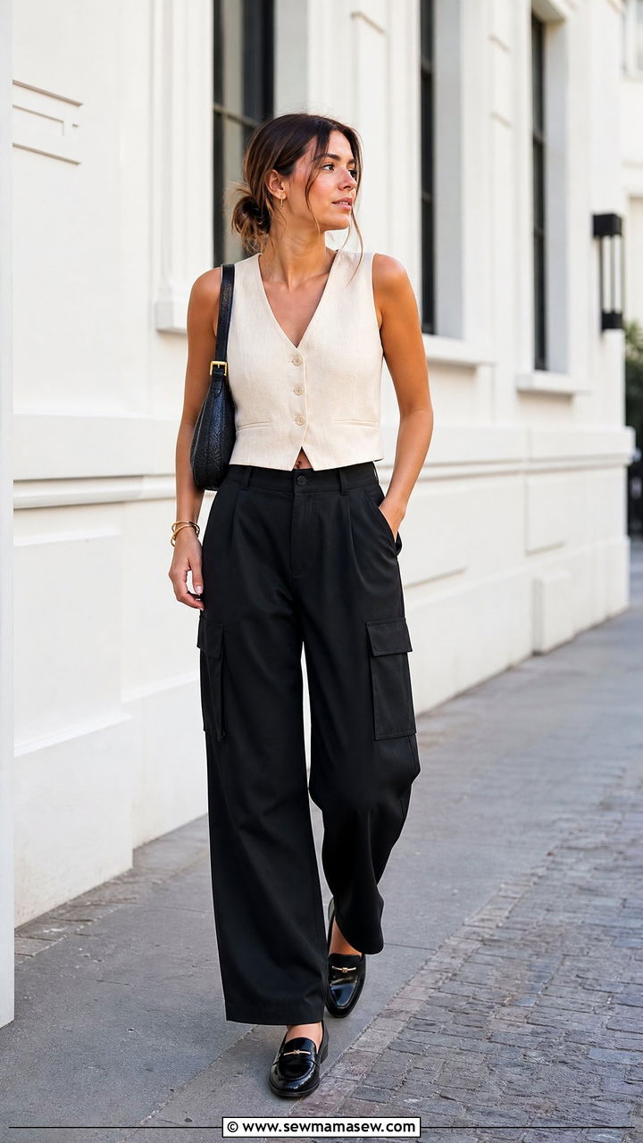 Cropped Vest Top With Utility Pants - 20 crop top with utility pants outfit ideas