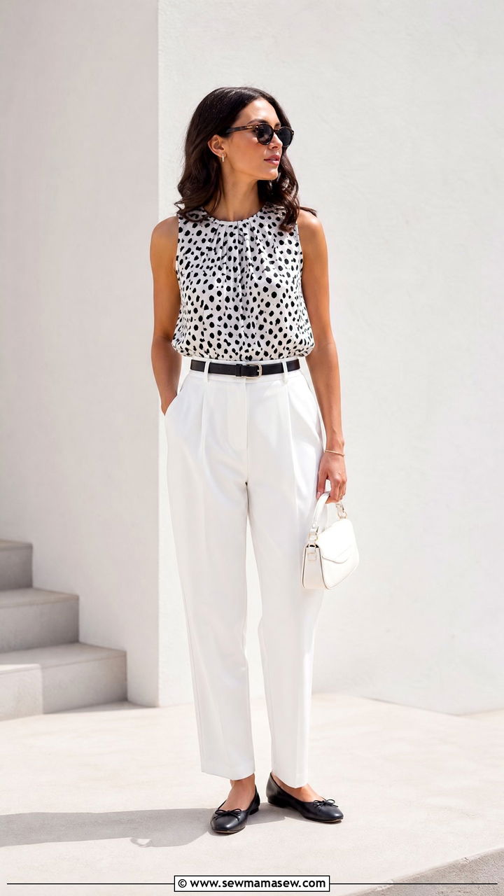 Dalmatian Print Top With White Trousers - 20 animal print top outfit ideas