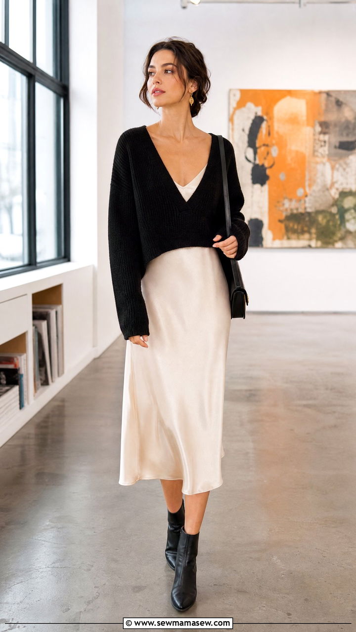 Deep V Neck Top With Slip Dress Layer - 20 deep v neck top outfit ideas