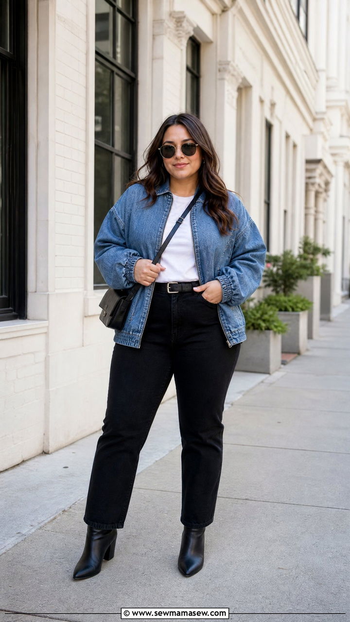 Denim Bomber Jacket With Black Jeans - 20 plus size bomber jacket outfit ideas