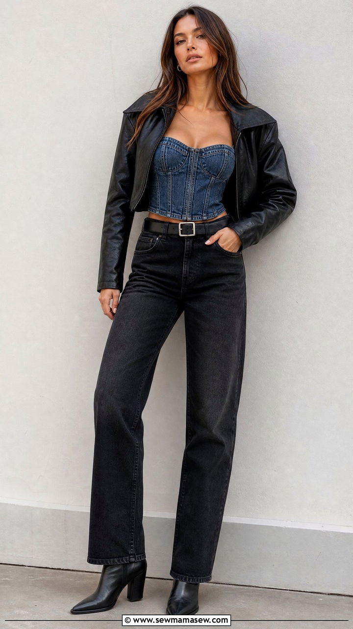 Denim Corset Top And Black Jeans Outfit - 20 edgy top outfit ideas