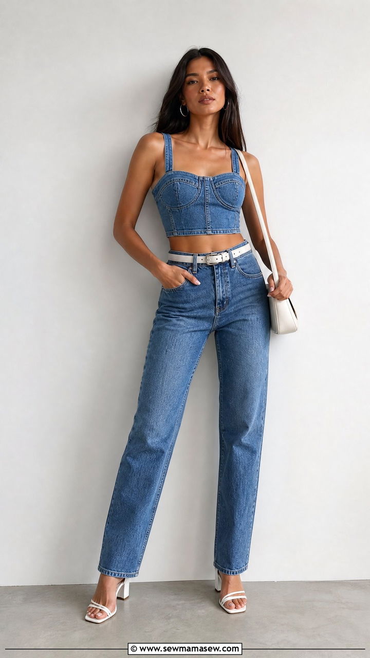 Denim Crop Top With Denim Jeans - 20 crop top outfits for a photoshoot