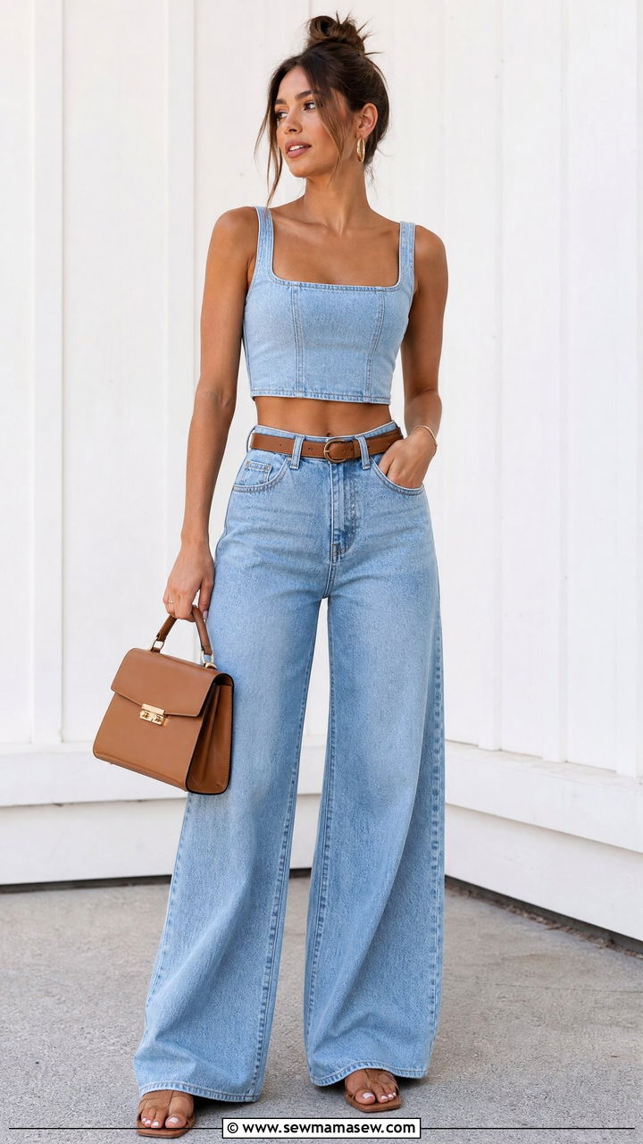 Denim Crop Top With Wide Leg Jeans - 20 crop top with wide leg jeans outfit ideas