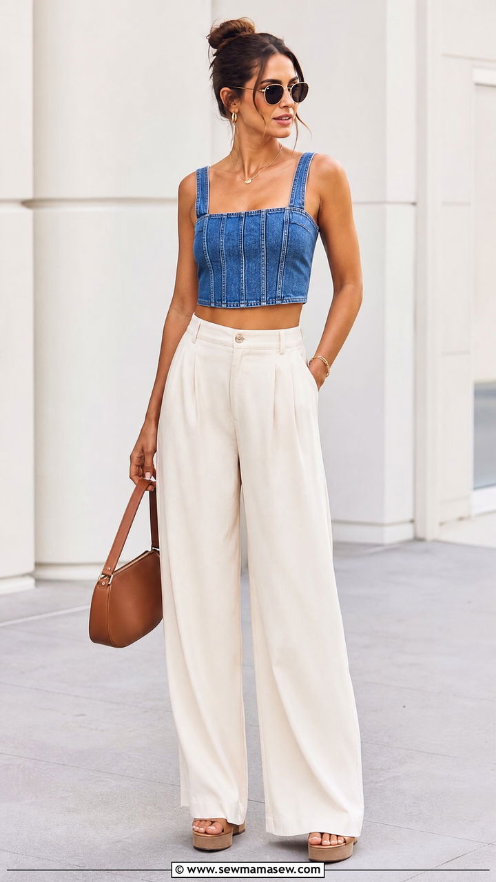 Denim Crop Top With Wide Leg Trousers - 20 summer crop top outfit ideas for women over 40