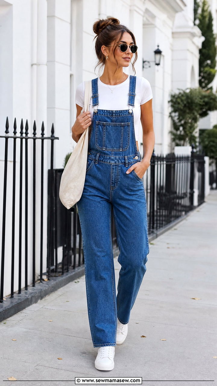 Denim Dungarees With White Crop Top - 20 crop top with dungarees outfit ideas