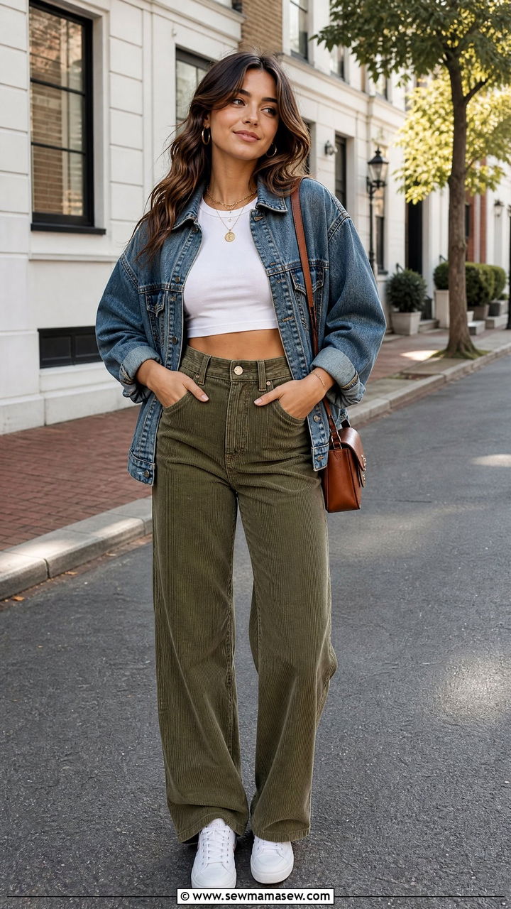 Denim Jacket Crop Top With Corduroy Pants - 20 crop top with corduroy pants outfit ideas