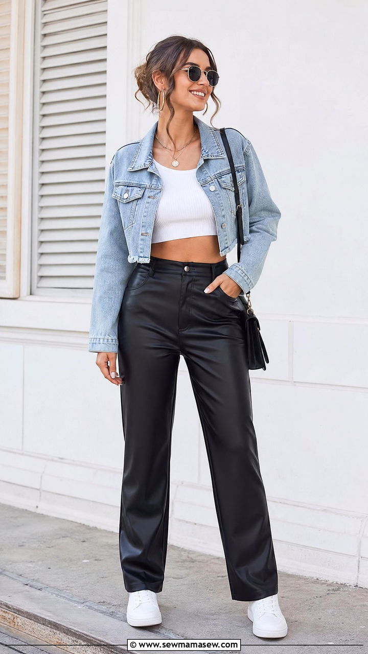 Denim Jacket Crop Top With Faux Leather Pants - 20 crop top with faux leather pants outfit ideas