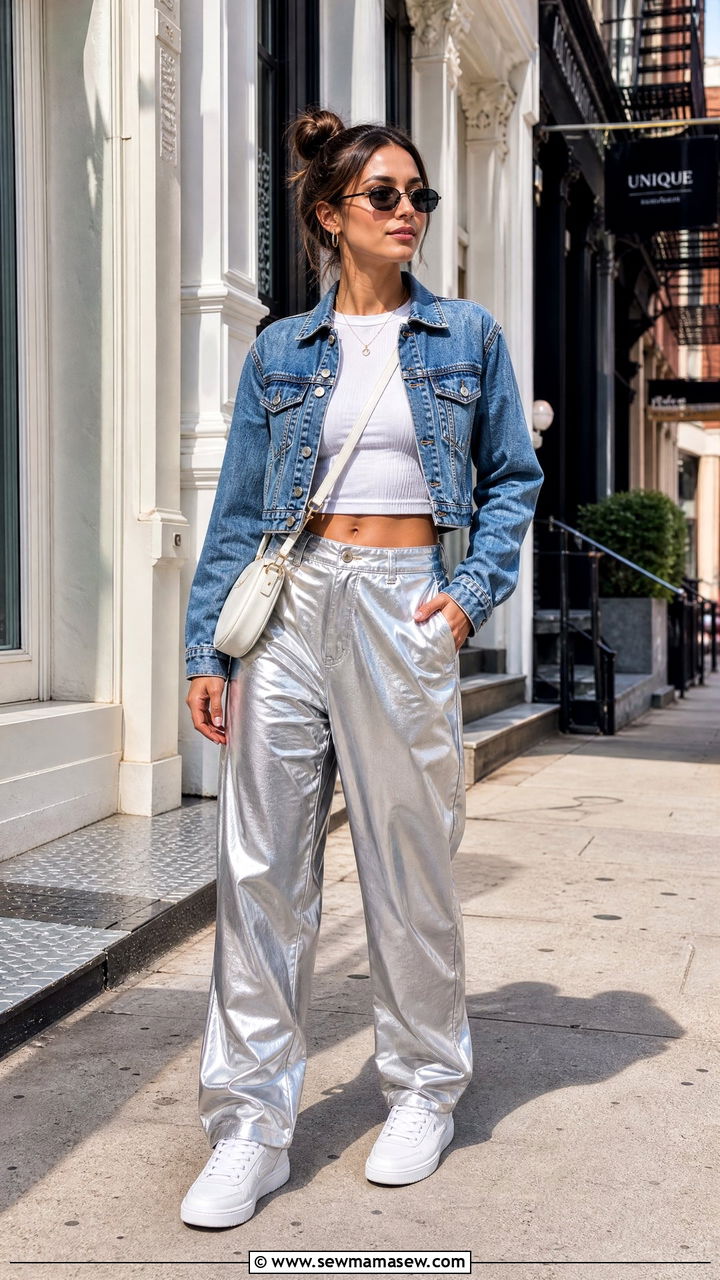 Denim Jacket Crop Top With Metallic Pants - 20 crop top with metallic pants outfit ideas