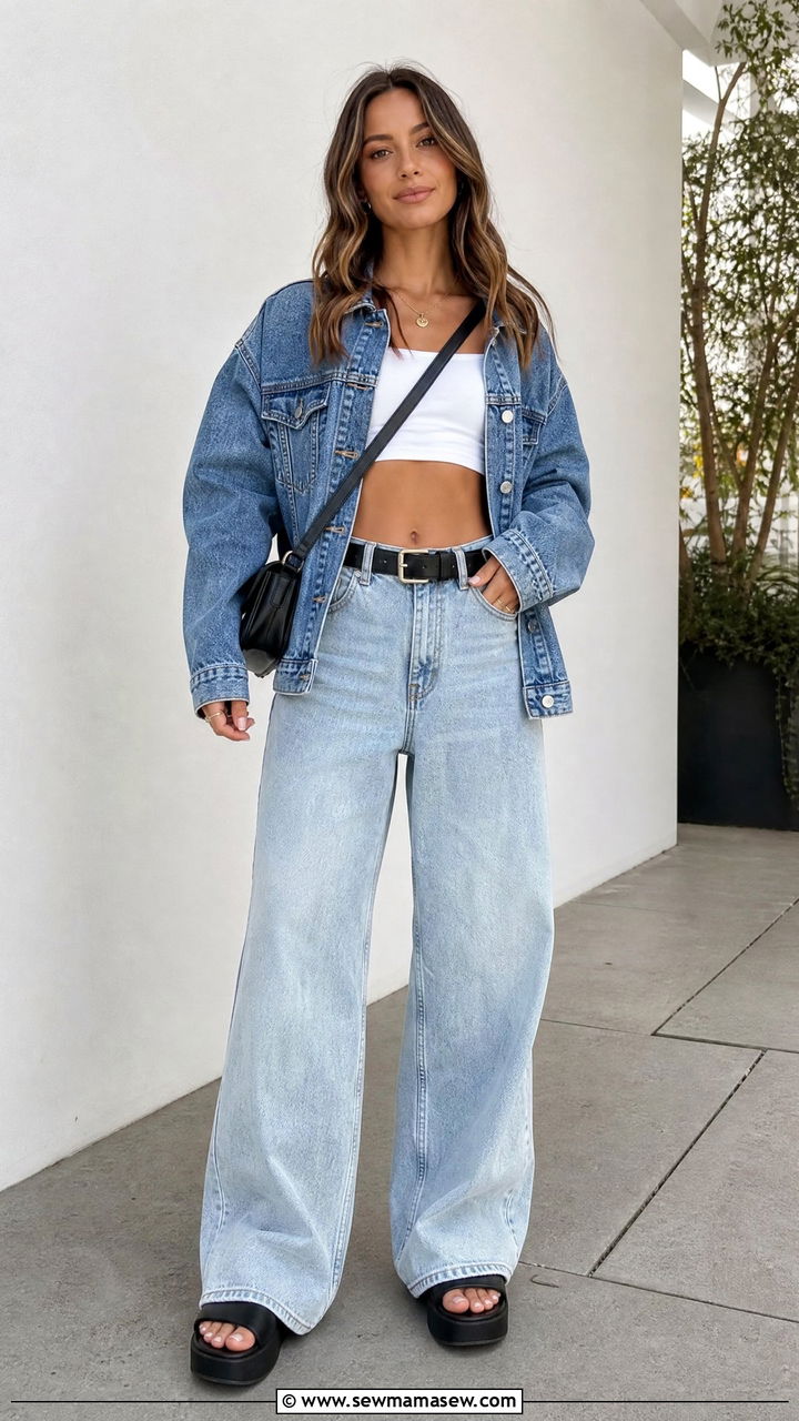 Denim Jacket With Crop Top And Baggy Jeans - 20 crop top with baggy jeans outfit ideas