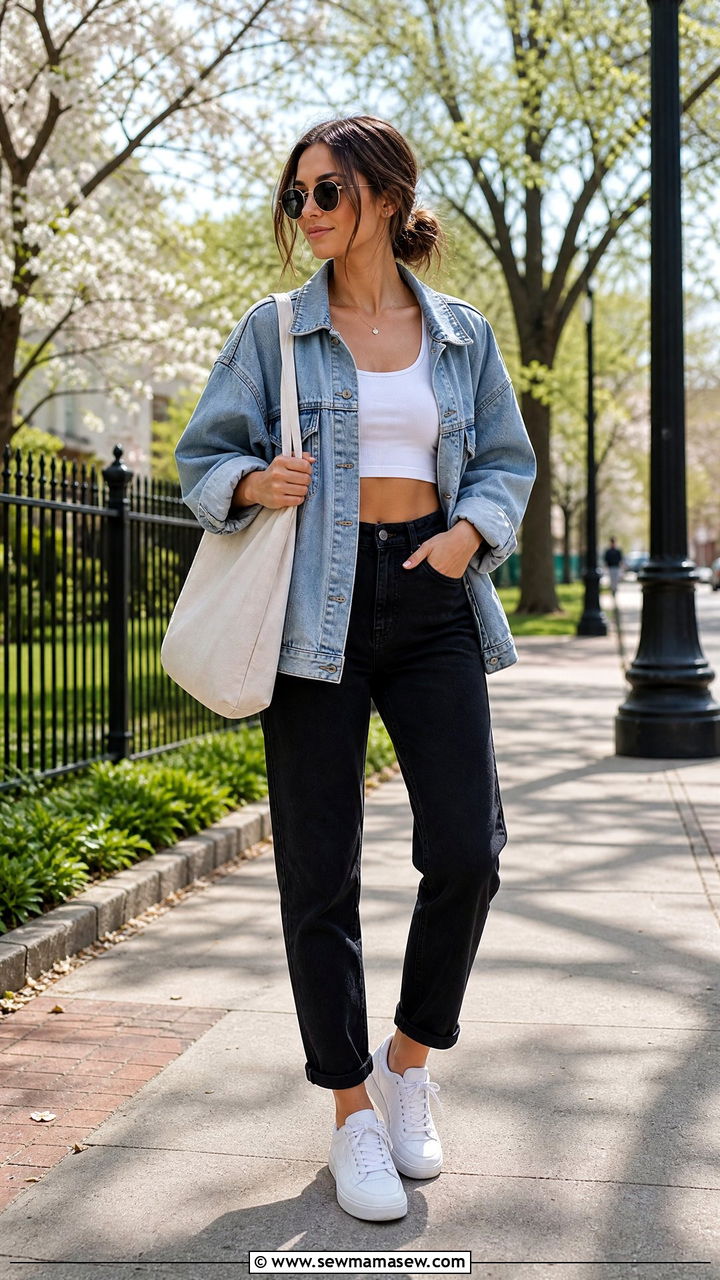 Denim Jacket With Crop Top And Black Jeans - 20 crop top with black jeans outfit ideas