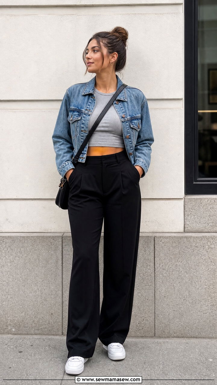 Denim Jacket With Crop Top And Black Trousers - 20 crop top with black trousers outfit ideas