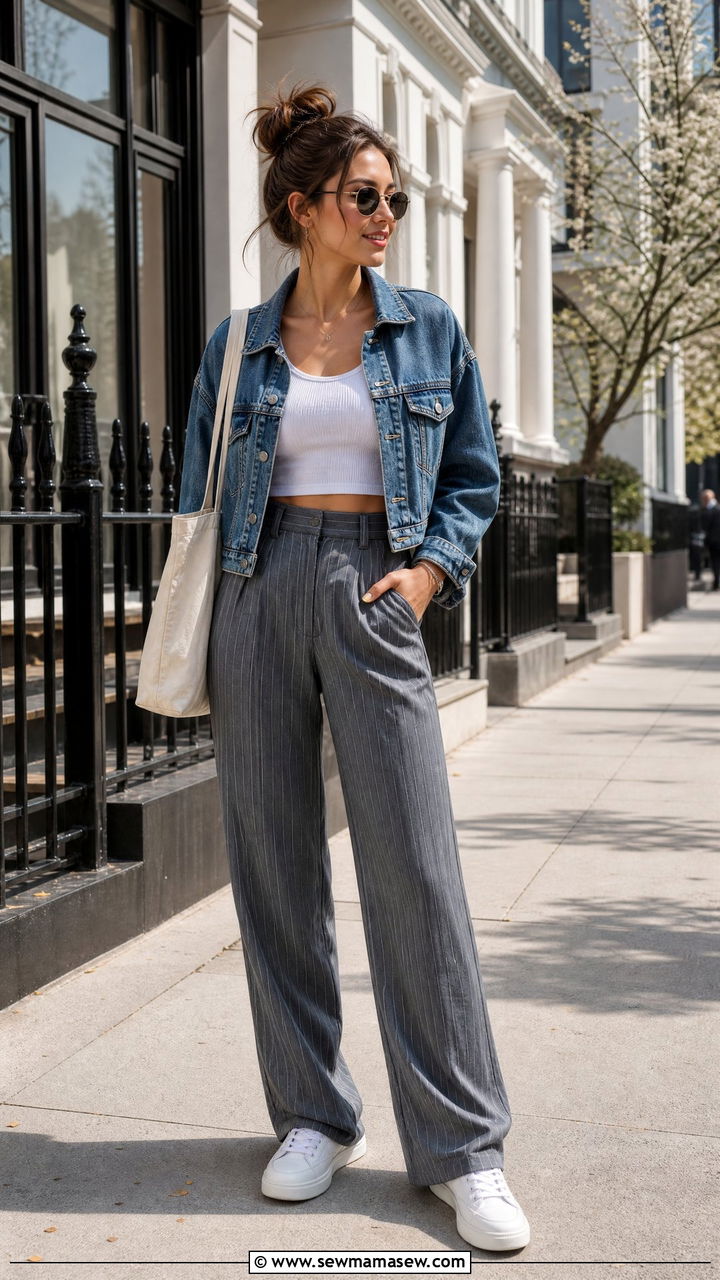 Denim Jacket With Crop Top And Pinstripe Pants - 20 crop top with pinstripe pants outfit ideas