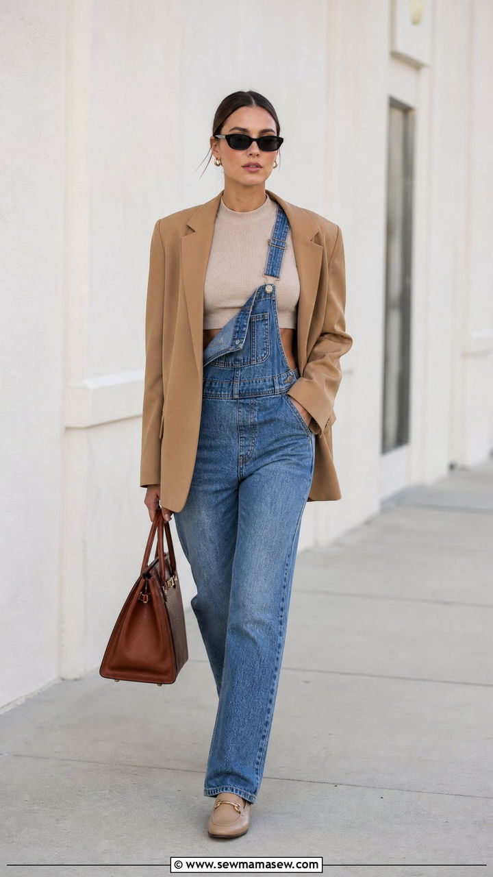 Denim Overalls With Crop Top And Oversized Blazer - 20 crop top with denim overalls outfit ideas