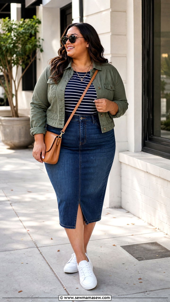 Denim Pencil Skirt Outfit With Striped Tee - 20 plus size pencil skirt outfit ideas