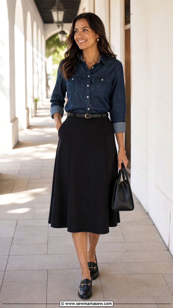 Denim Shirt With Black Midi Skirt Outfit - 20 church tops outfit ideas