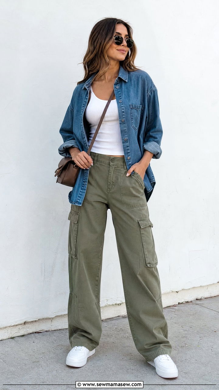 Denim Shirt With Cargo Pants - 20 denim shirt outfit ideas