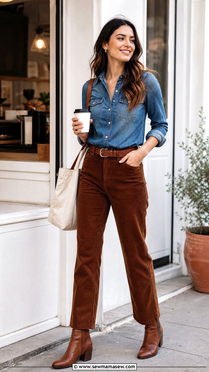 Denim Shirt With Corduroy Pants - 20 fall top outfit ideas
