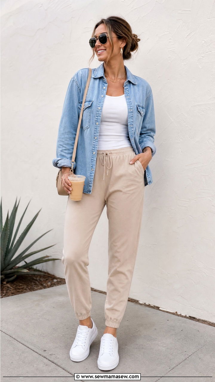 Denim Shirt With Joggers - 20 denim shirt outfit ideas