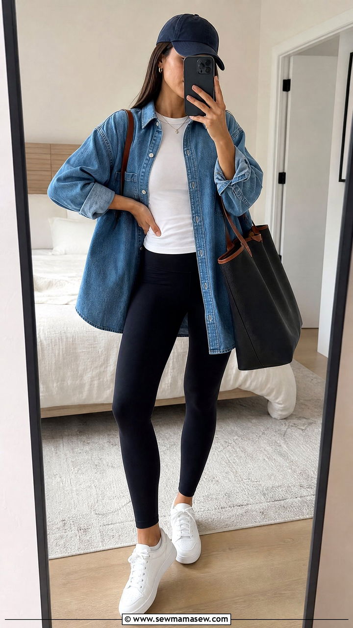 Denim Shirt With Leggings - 20 denim shirt outfit ideas