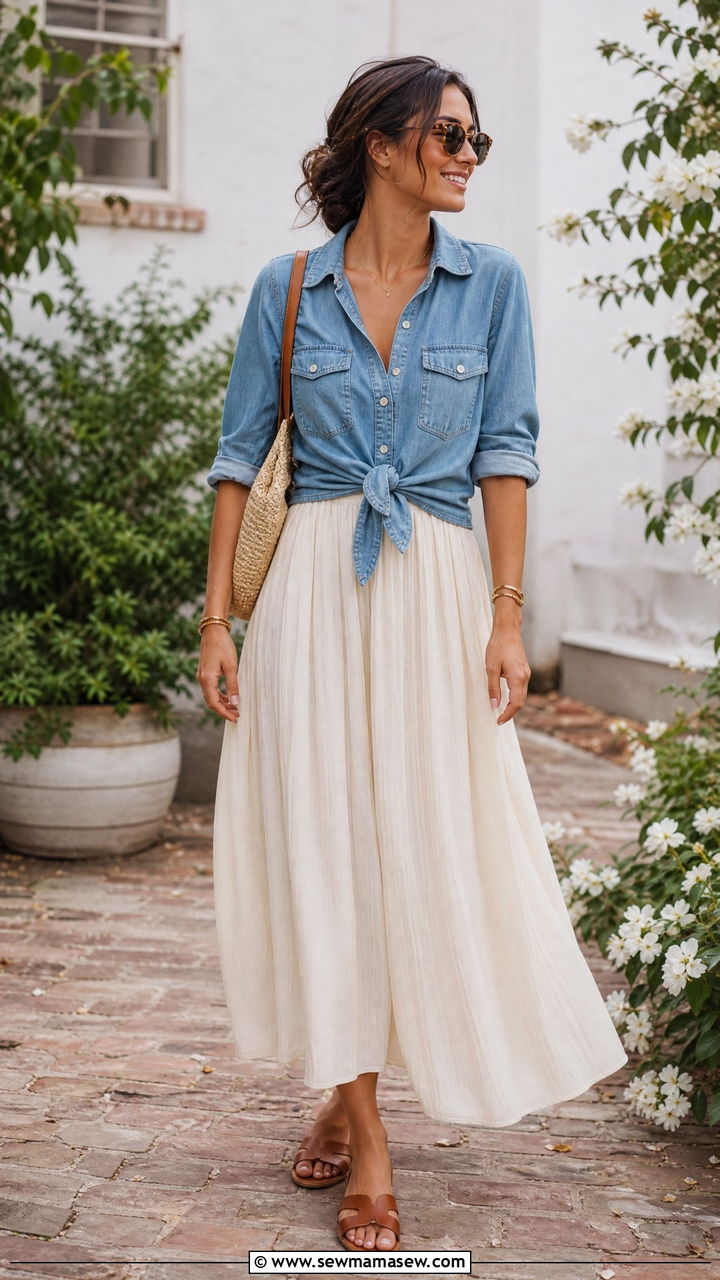 Denim Shirt With Maxi Skirt - 20 denim shirt outfit ideas