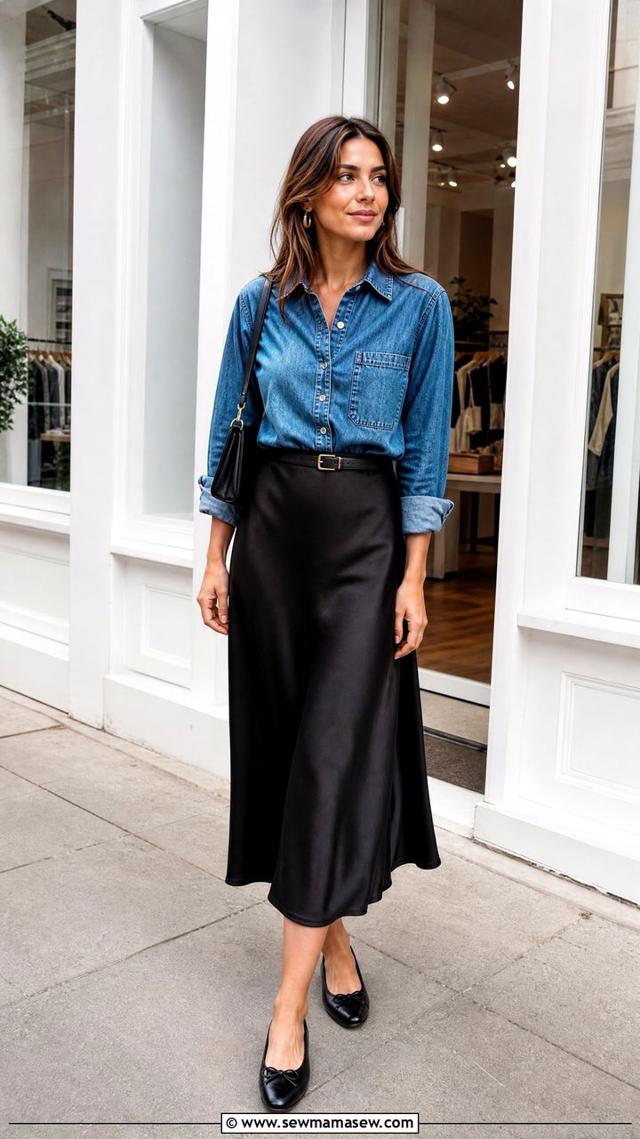 Denim Shirt With Midi Skirt - 20 denim shirt outfit ideas