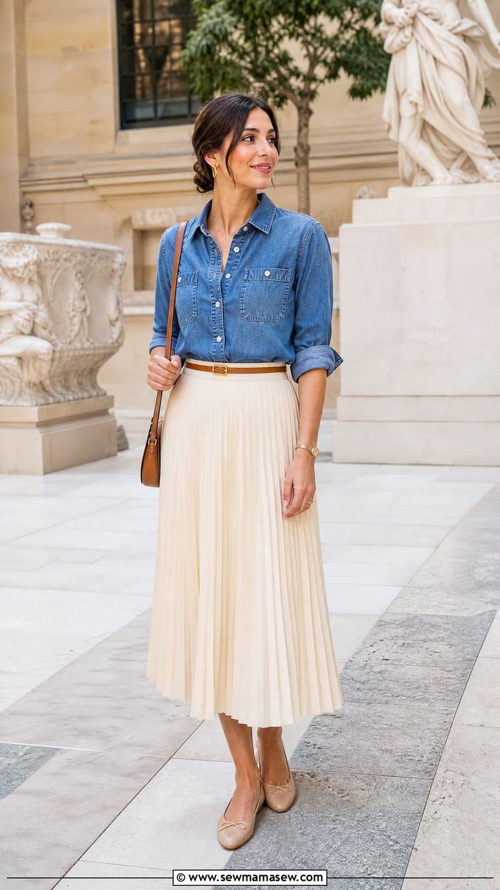 Denim Shirt With Pleated Skirt - 20 denim shirt outfit ideas