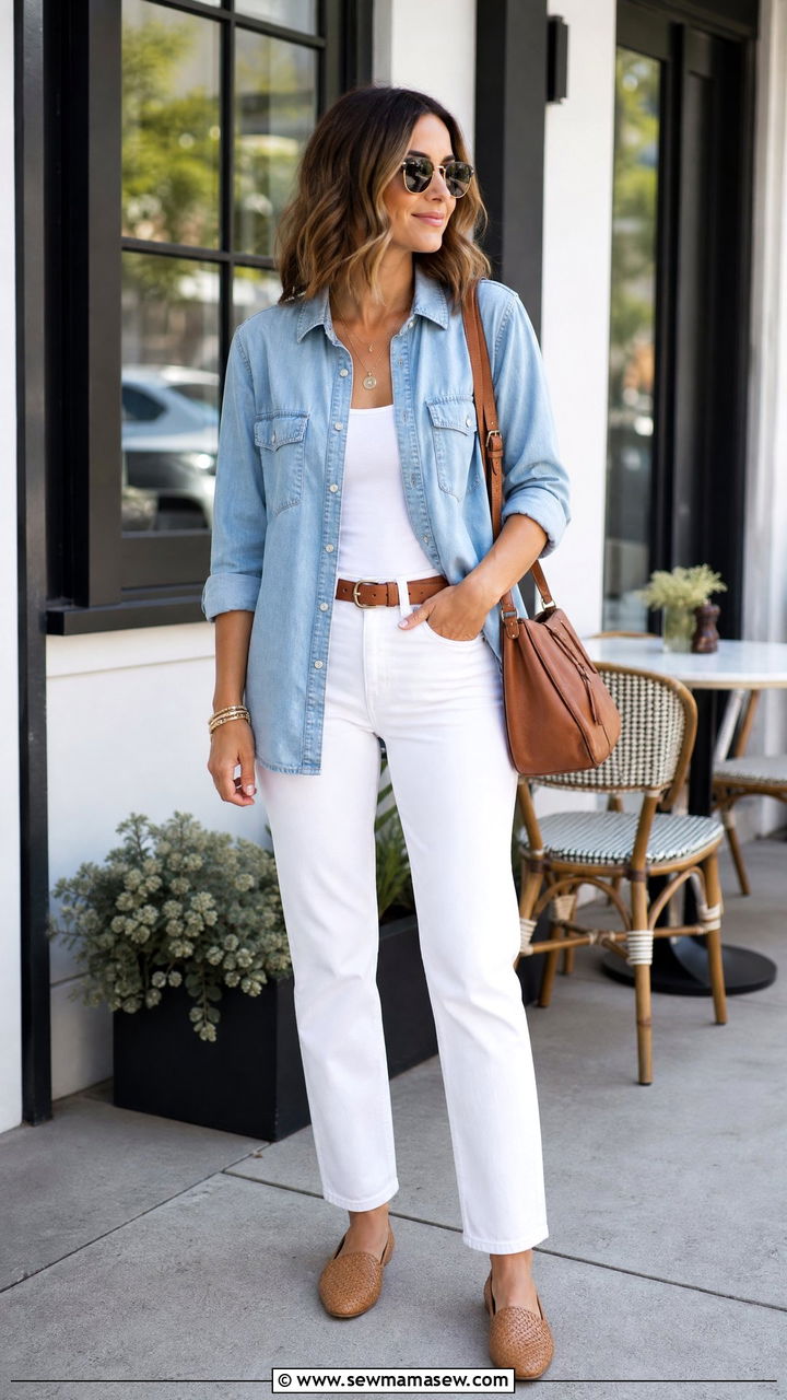 Denim Shirt With White Jeans - 20 brunch top outfit ideas