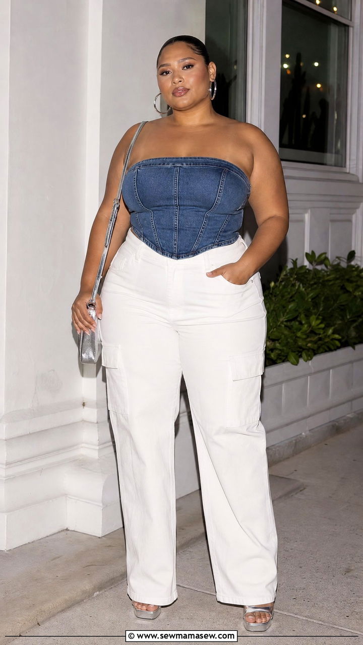 Denim Tube Top Outfit With White Cargo Pants - 20 plus size going out tube top outfit ideas
