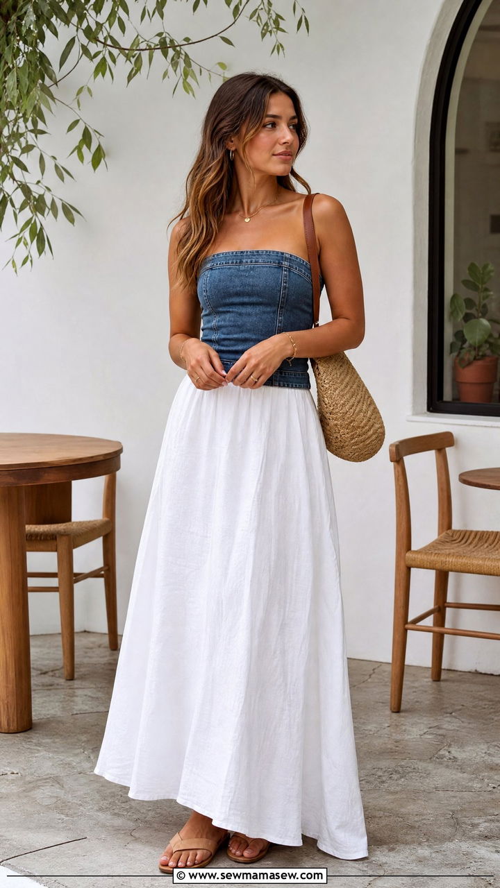 Denim Tube Top With Maxi Skirt - 20 denim top outfit ideas