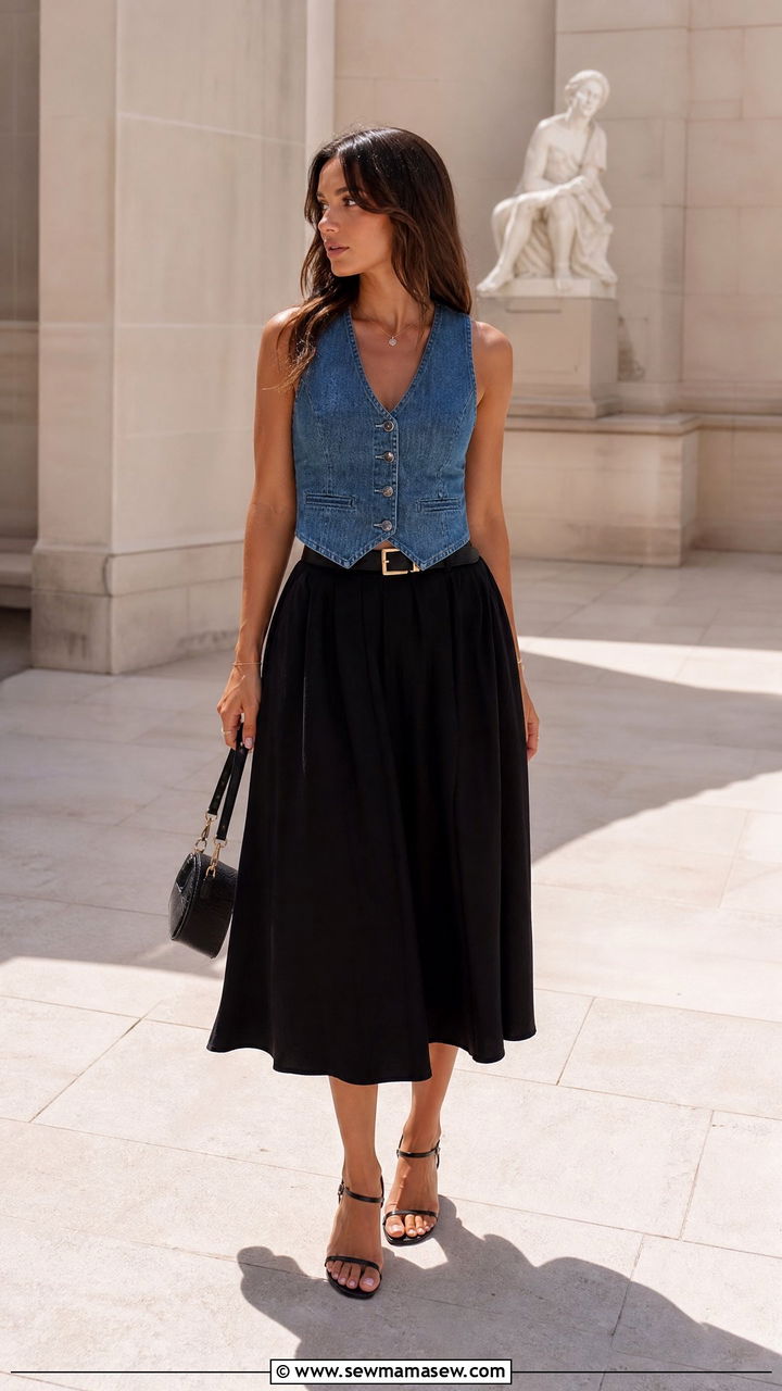 Denim Vest Top With Midi Skirt - 20 denim top outfit ideas