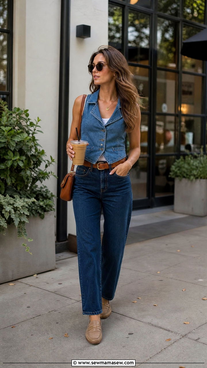 Denim Waistcoat Top With Straight Leg Jeans - 20 waistcoat top outfit ideas