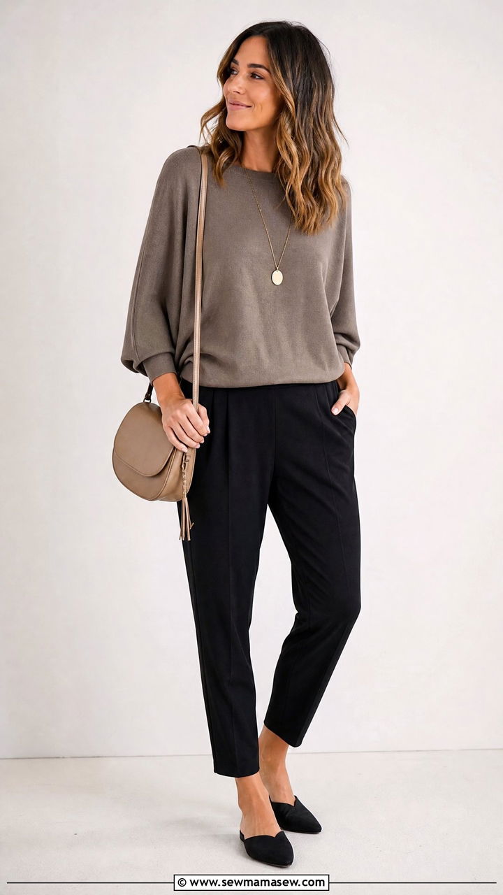 Dolman Sleeve Top With Tapered Pants - 20 tops to hide belly outfit ideas