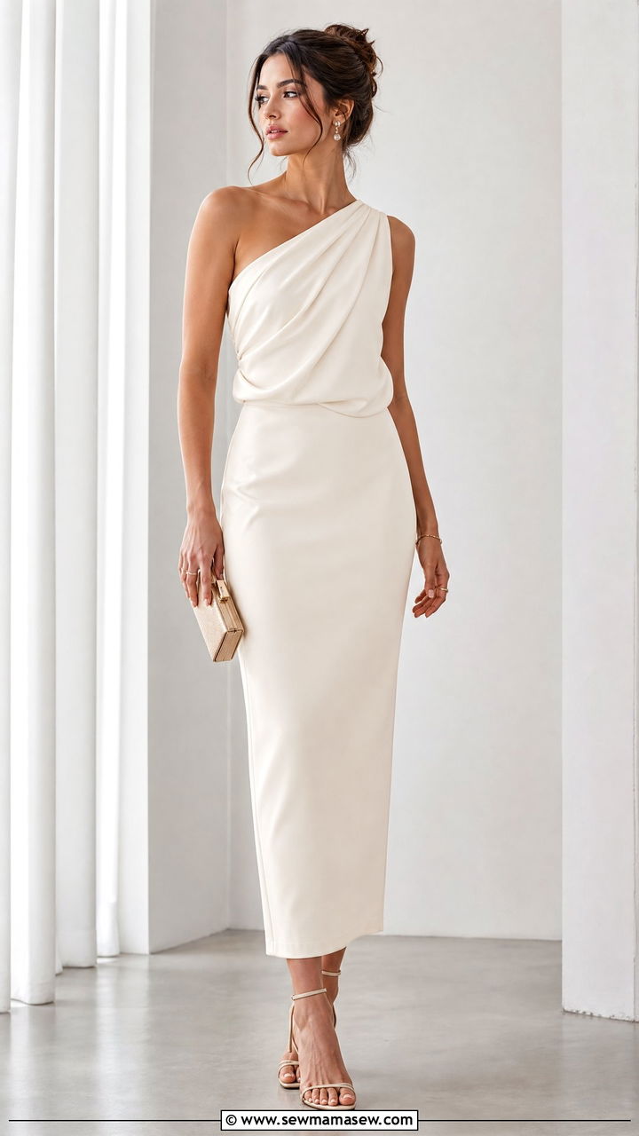 Draped Asymmetrical Top With Column Skirt - 20 asymmetrical top outfit ideas