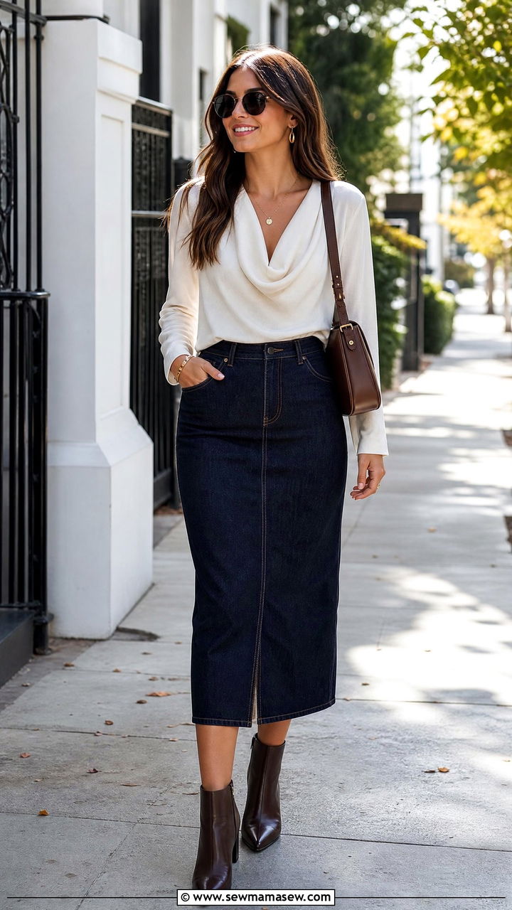 Draped Top With Denim Skirt - 20 draped top outfit ideas