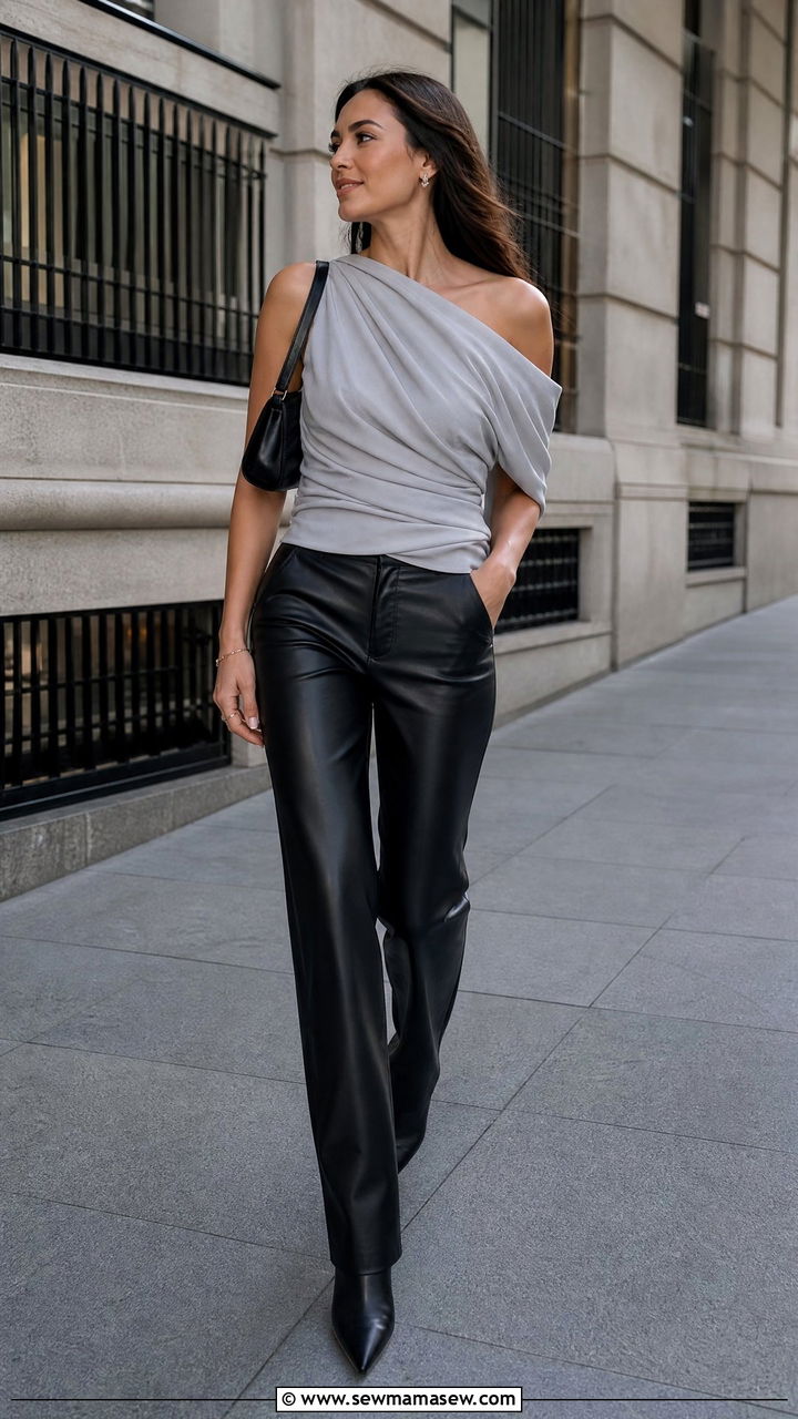 Draped Top With Leather Pants - 20 draped top outfit ideas