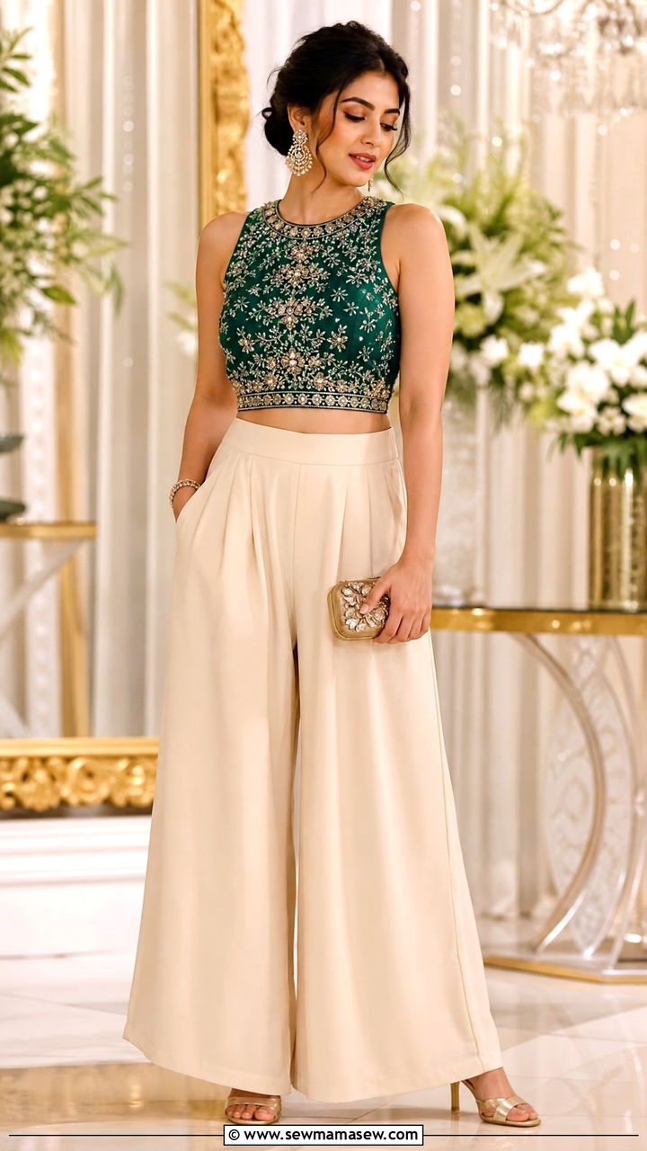 Embellished Crop Top With Palazzo Trousers - 20 crop top with palazzo trousers outfit ideas