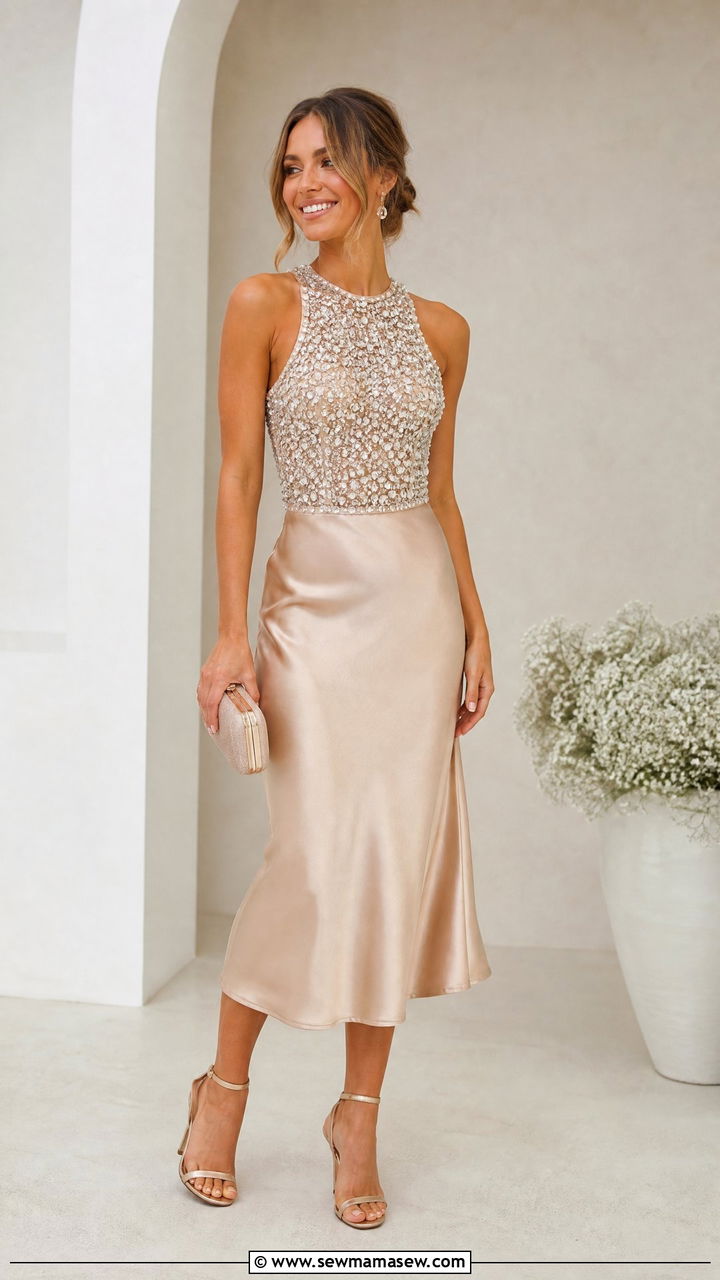 Embellished Top With Satin Midi Skirt - 20 embellished top outfit ideas