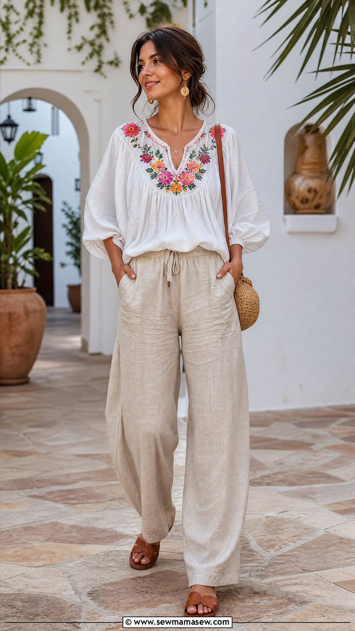 Embroidered Peasant Top With Linen Pants - 20 embroidered top outfit ideas
