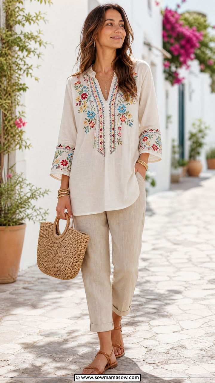 Embroidered Peasant Tunic Top With Linen Pants - 20 peasant tunic top outfit ideas