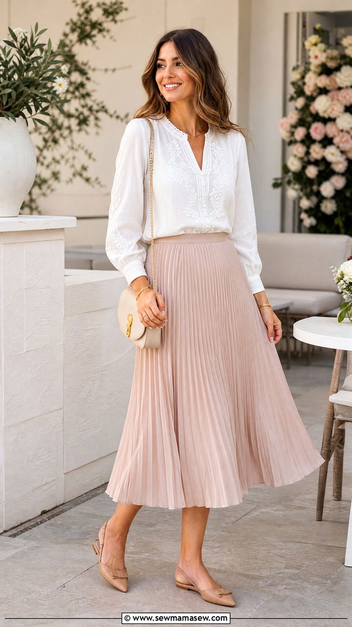 Embroidered Top With Pleated Midi Skirt - 20 embroidered top outfit ideas
