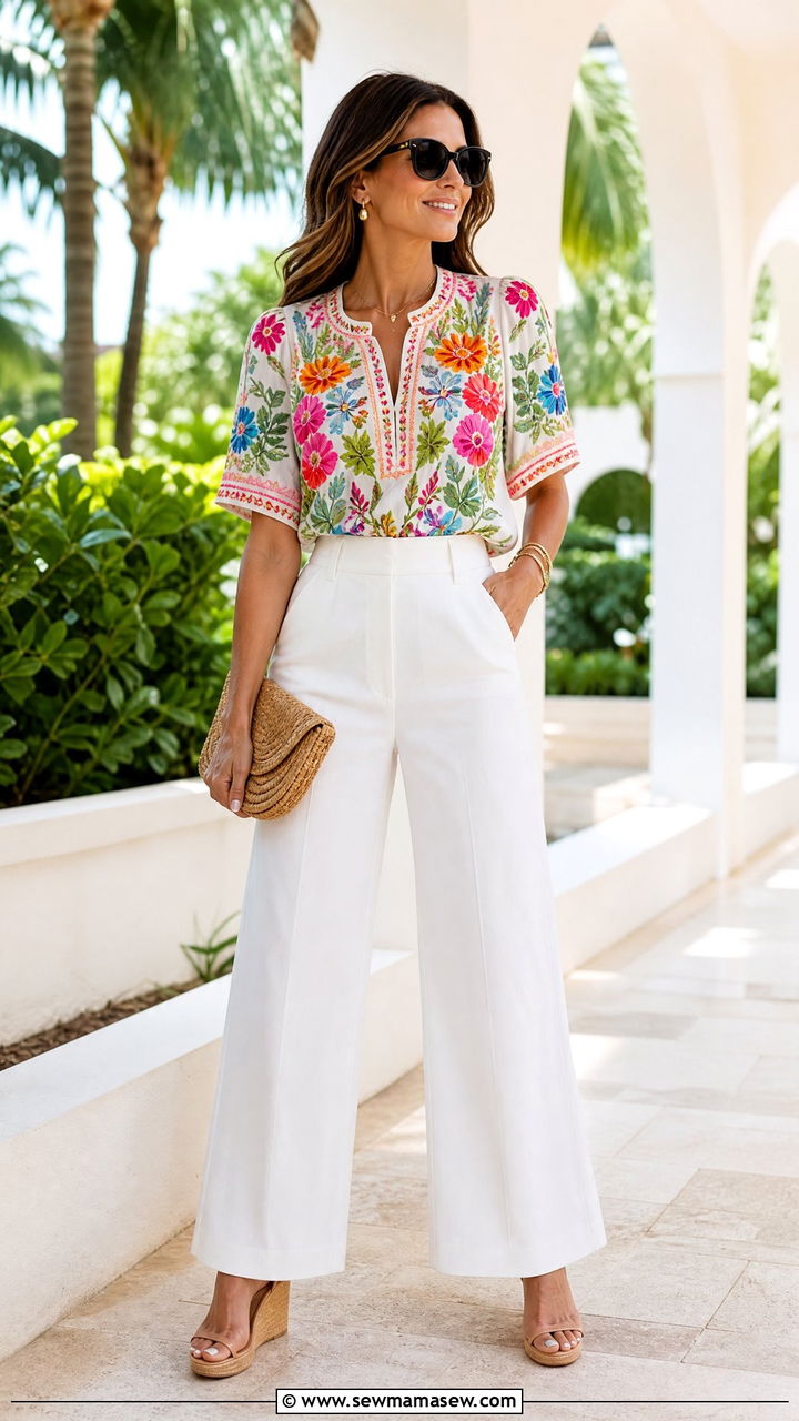 Embroidered Top With White Wide Leg Pants - 20 embroidered top outfit ideas