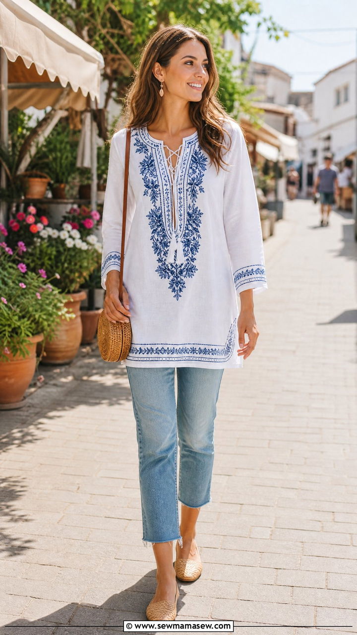 Embroidered Tunic Top With Cropped Jeans - 20 tunic top outfit ideas