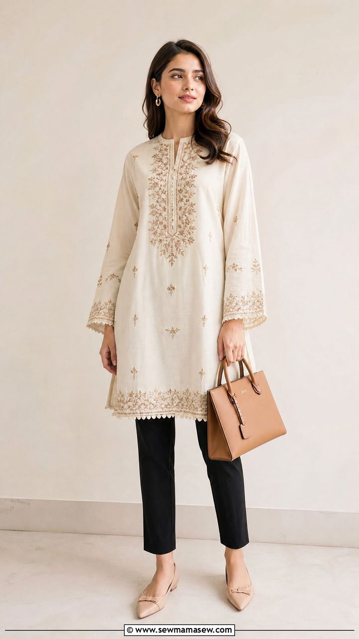 Embroidered Tunic Top With Slim Pants - 20 embroidered top outfit ideas