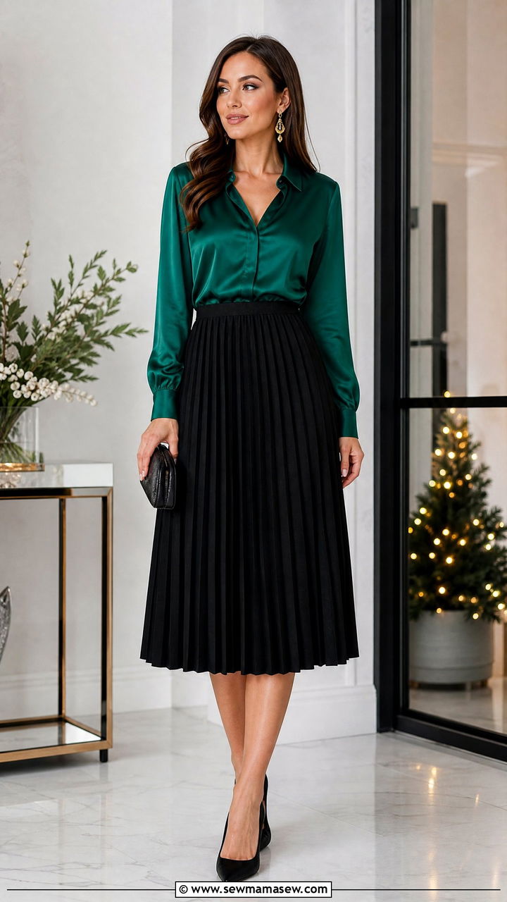 Emerald Blouse With Black Midi Skirt - 20 holiday party top outfit ideas