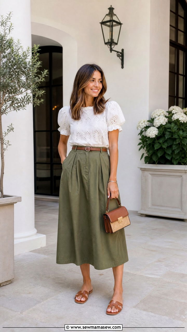 Eyelet Puff Sleeve Top With Midi Skirt - 20 eyelet top outfit ideas