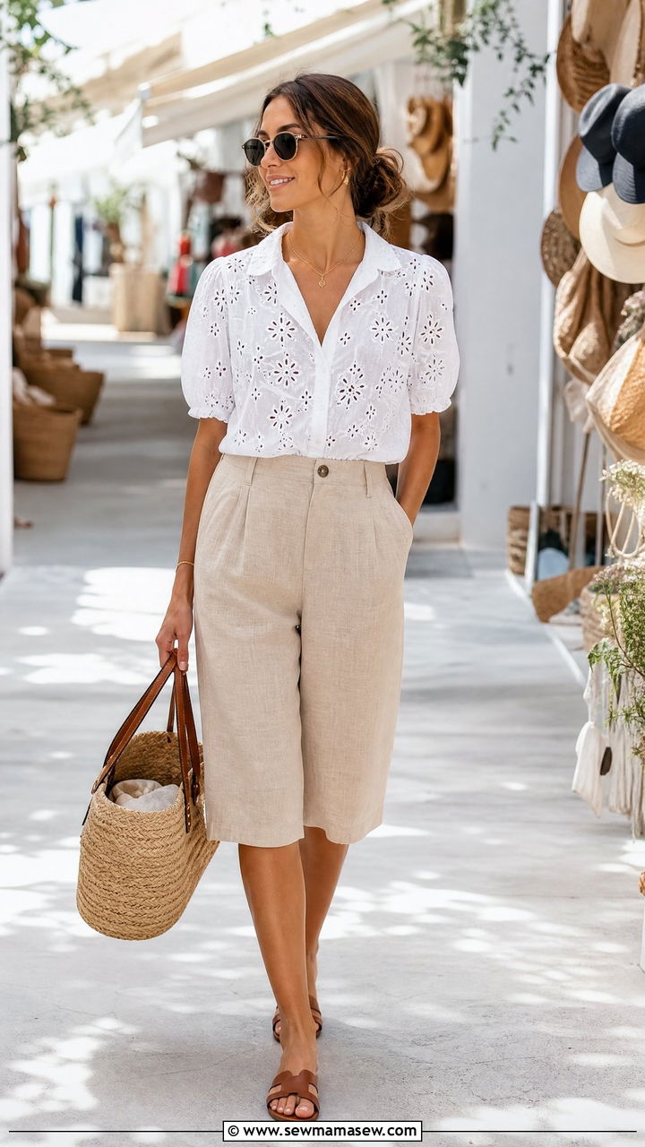 Eyelet Top With Linen Midi Shorts - 20 eyelet top outfit ideas